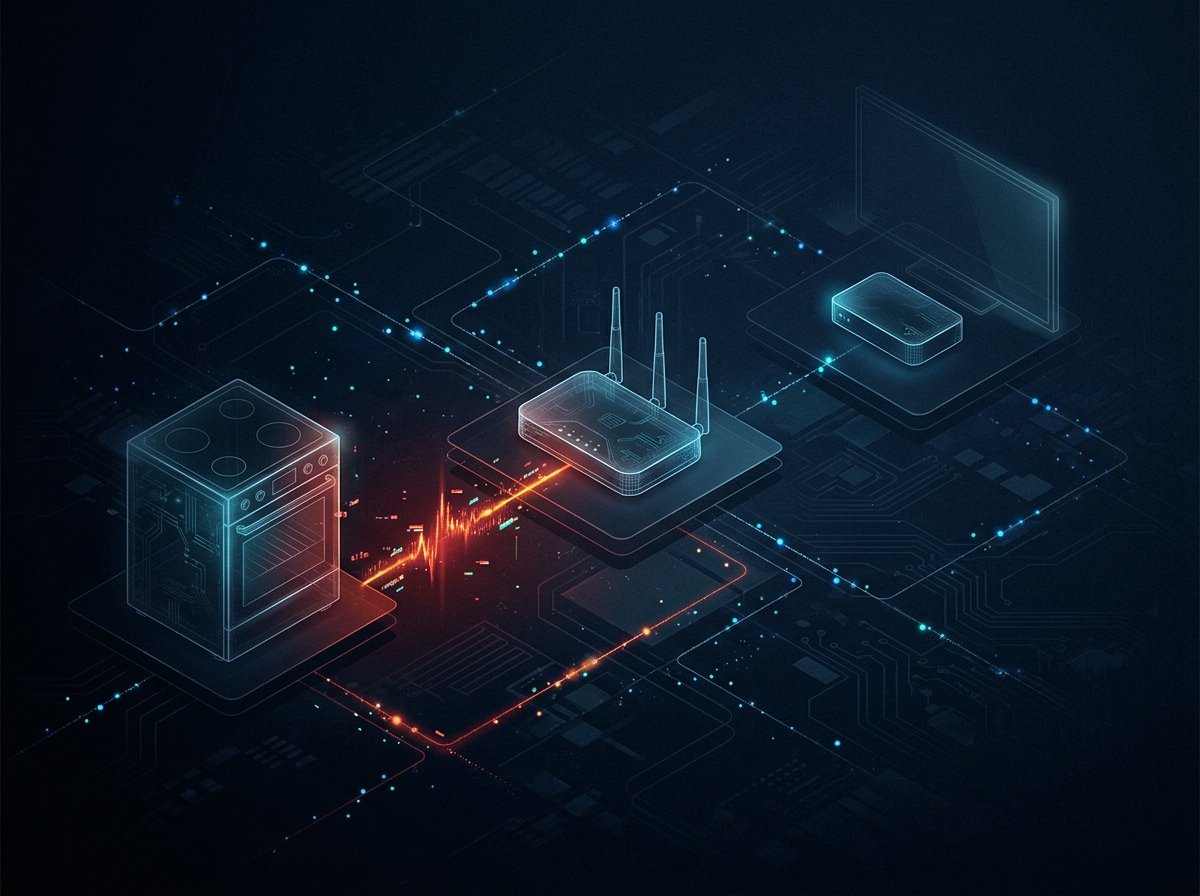 Illustration of AI warning signal spreading across connected smart home IoT devices
